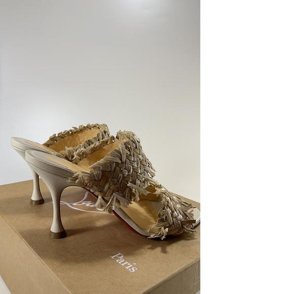 Meroine 85mm raffia Tan Woven fringe heels mules D980 - Picture 3 of 11